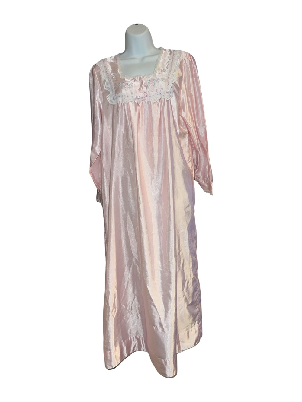 Vintage Barbizon Long Pink Embroidered Lace Satin Nightgown Medium